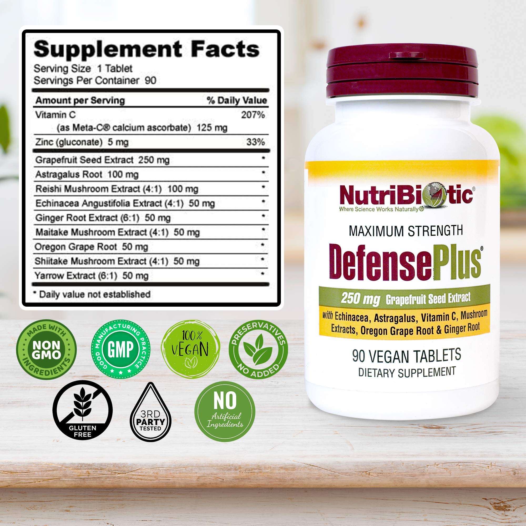 NutriBiotic DefensePlus ingredient symbols image highlights echinacea, zinc, and vitamin C.