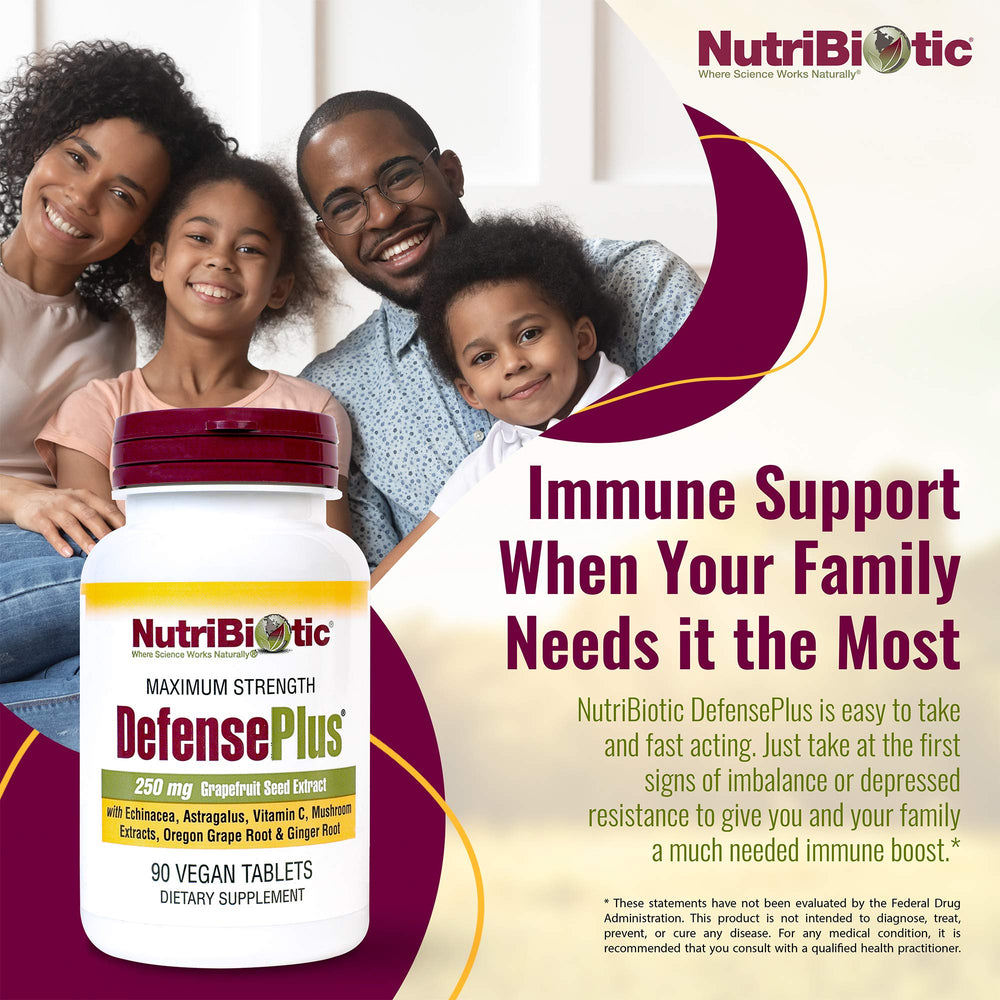 NutriBiotic DefensePlus packaging label emphasizes vegan, gluten-free, non-GMO ingredients.