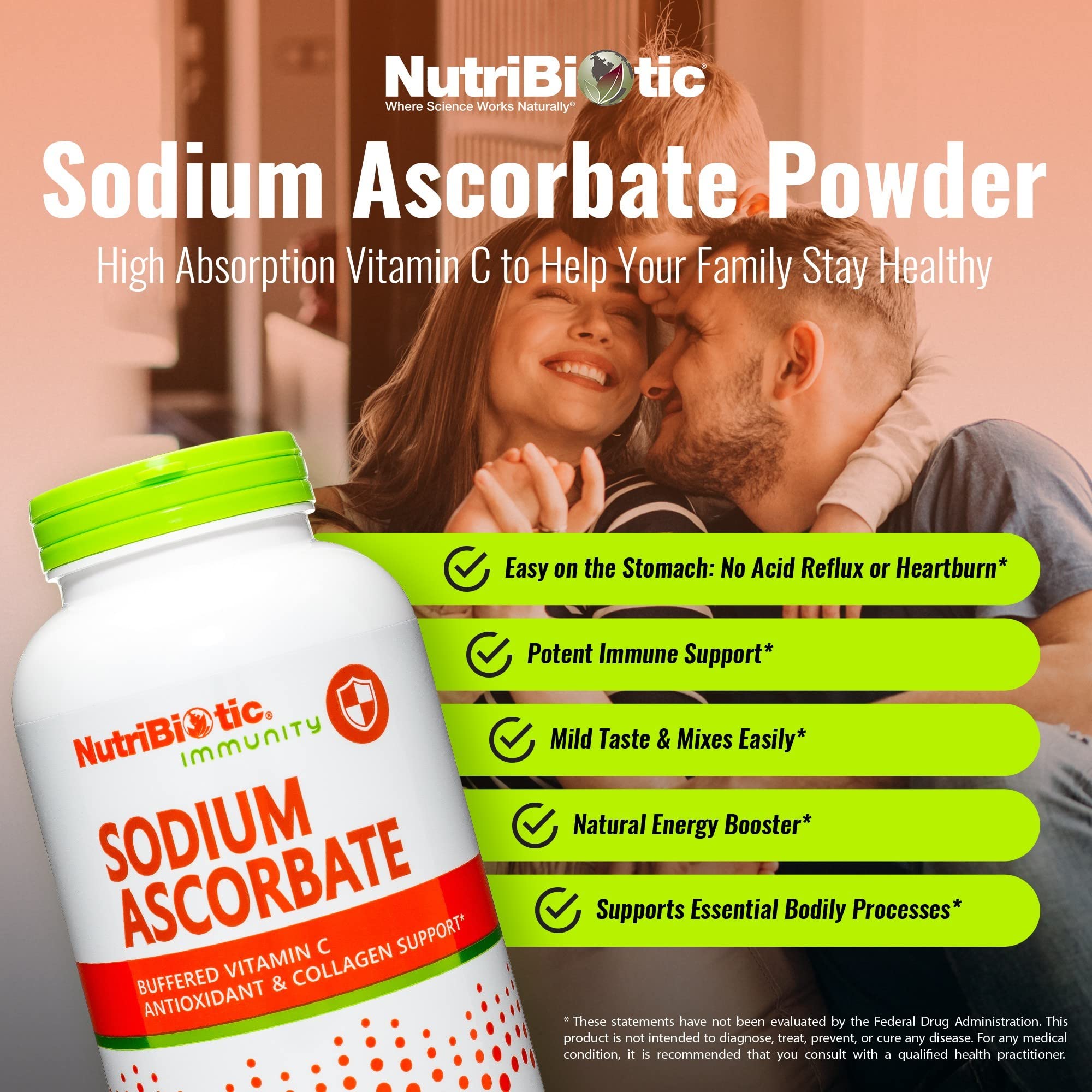 NutriBiotic sodium ascorbate powder scoop beside tub showing convenient measurement.