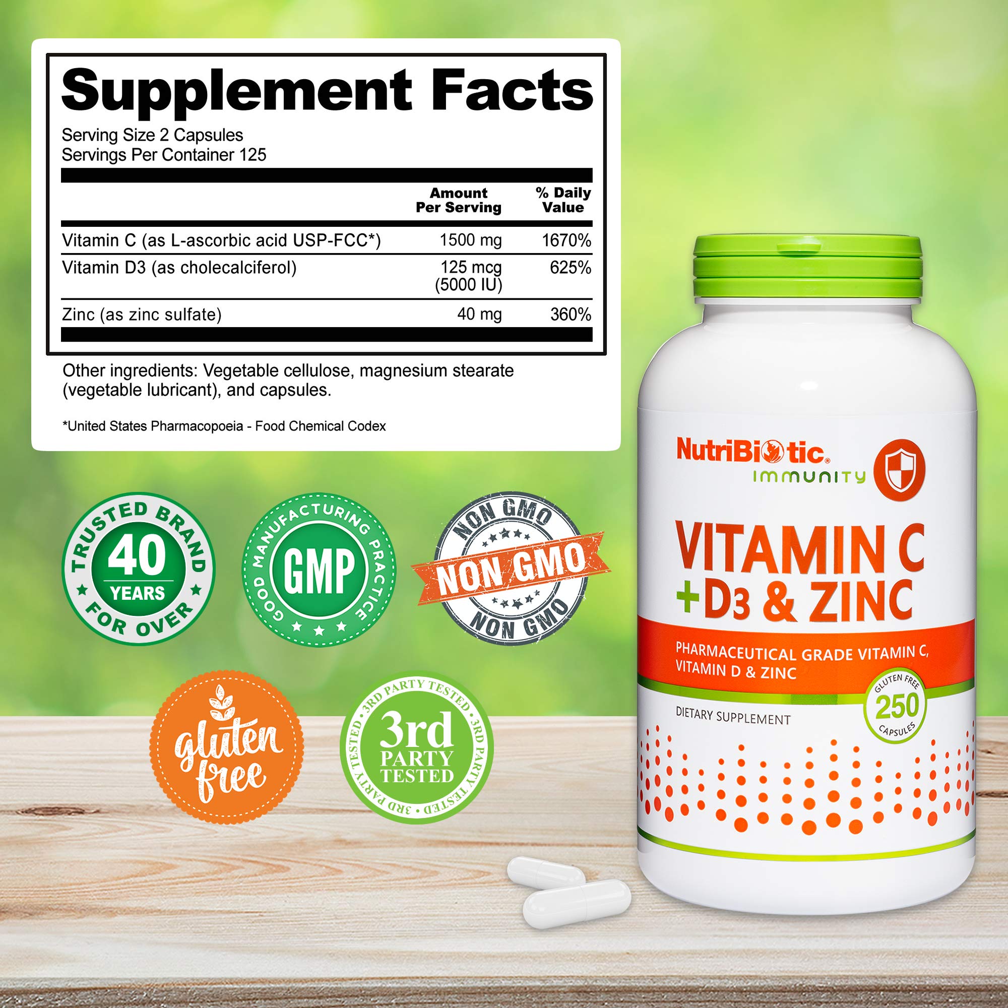 NutriBiotic Vitamin C D3 Zinc capsules closeup showing small capsules.