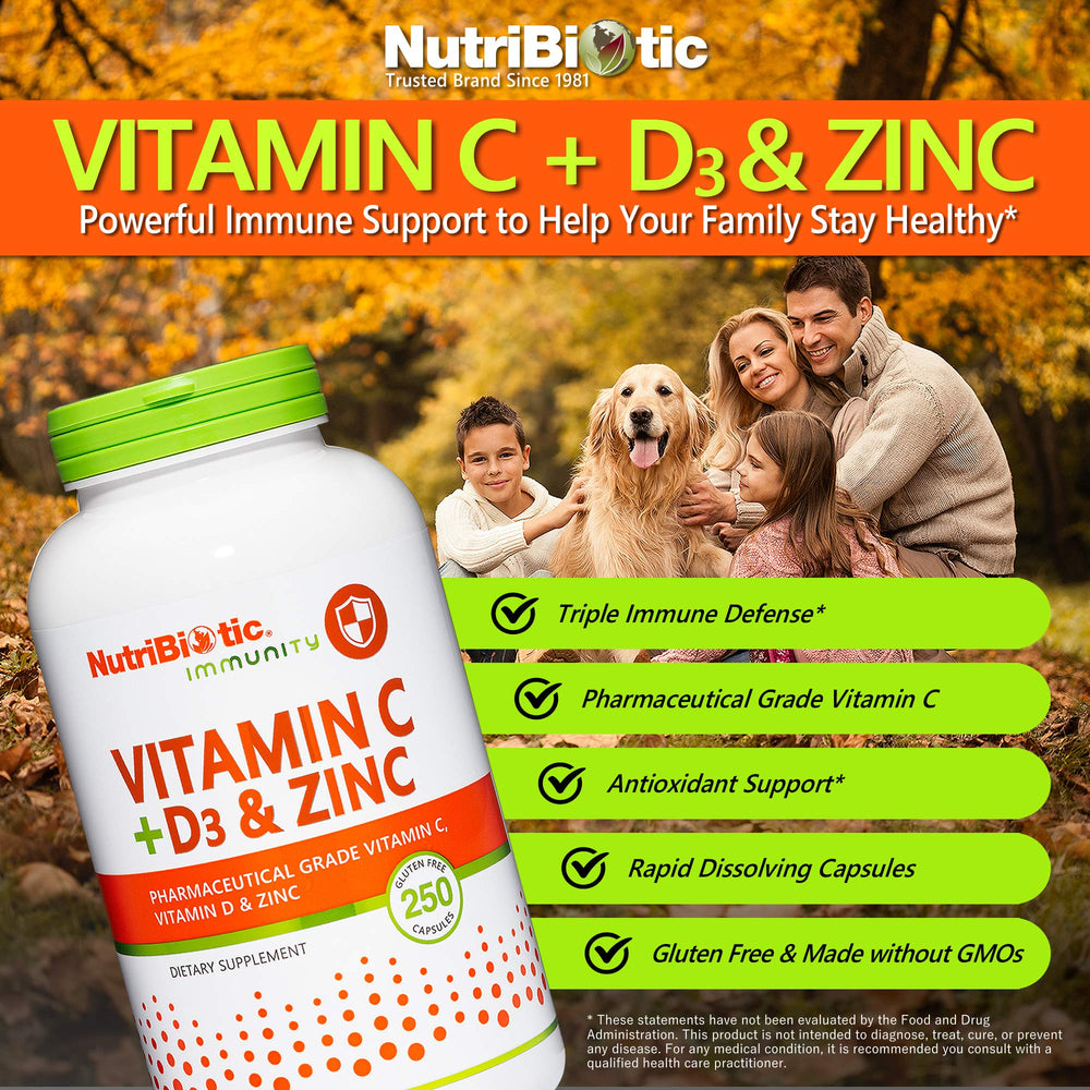 NutriBiotic Vitamin C D3 Zinc capsules open-cap for easy dosing on the go.