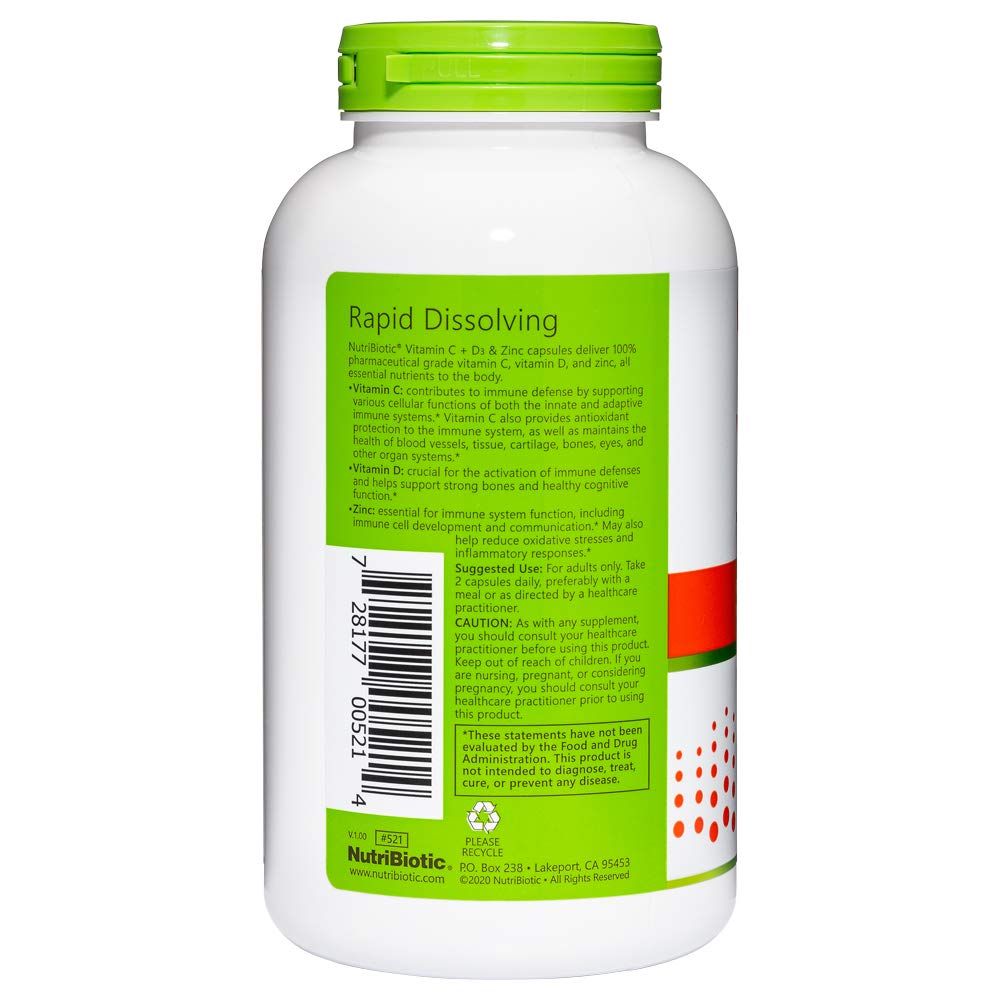 NutriBiotic Vitamin C D3 Zinc packaging close-up highlighting gluten-free and GMO-free attributes.
