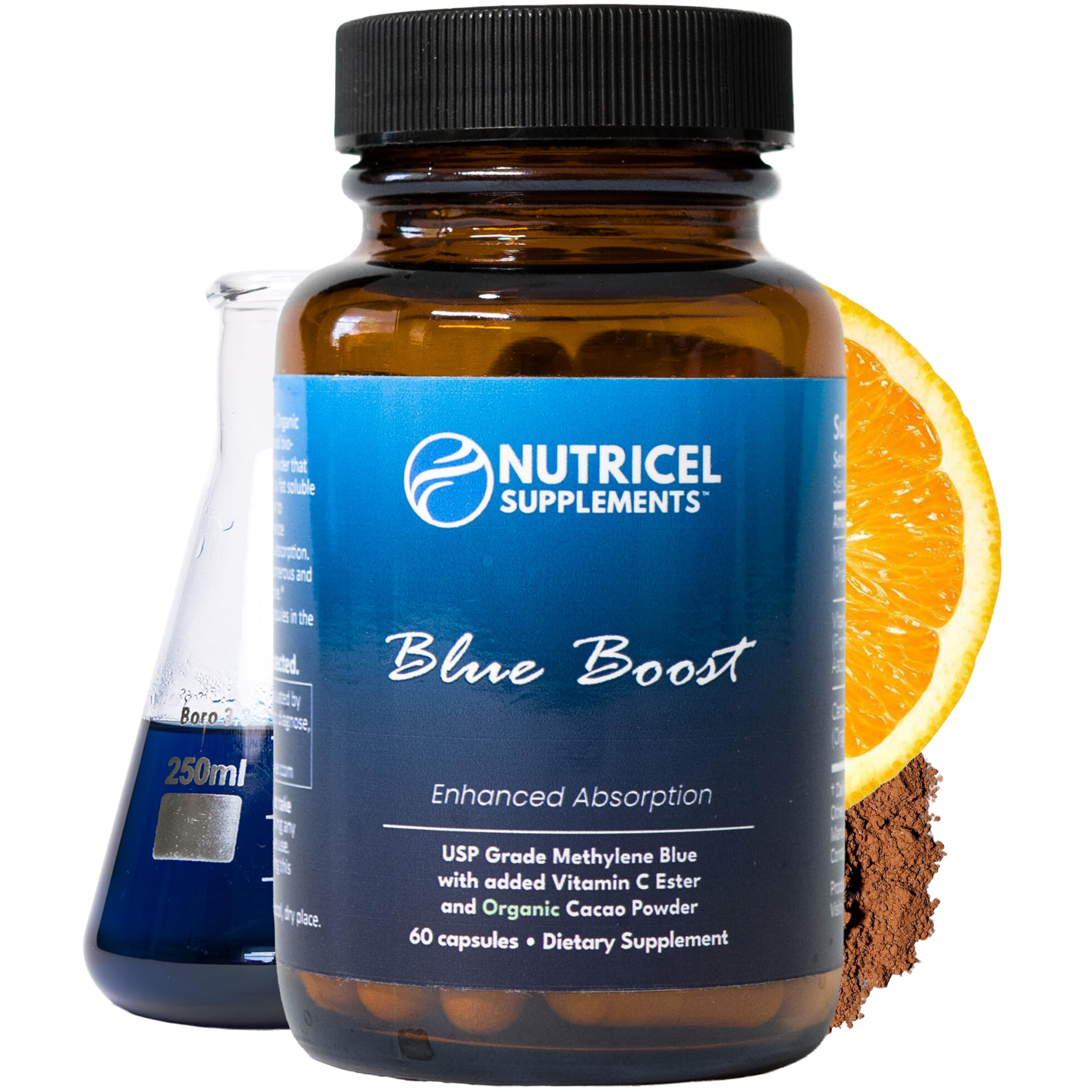 Nutricel Methylene Blue bottle front showing premium USP-grade formula for daily use
