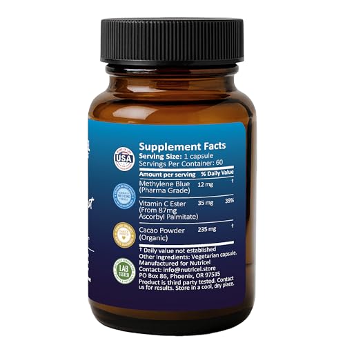 Nutricel Methylene Blue label details highlight USP grade and third-party testing
