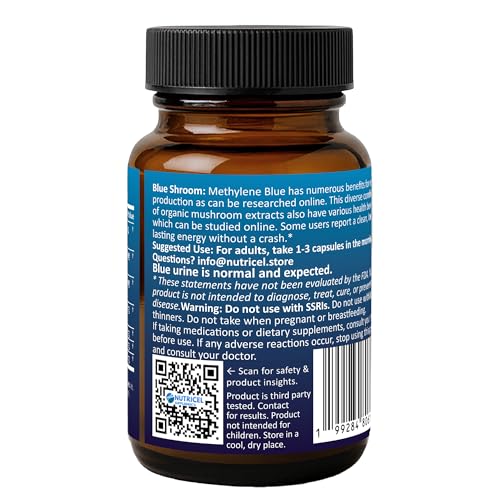 Nutricel methylene blue capsules close-up emphasizing precise 7 mg serving
