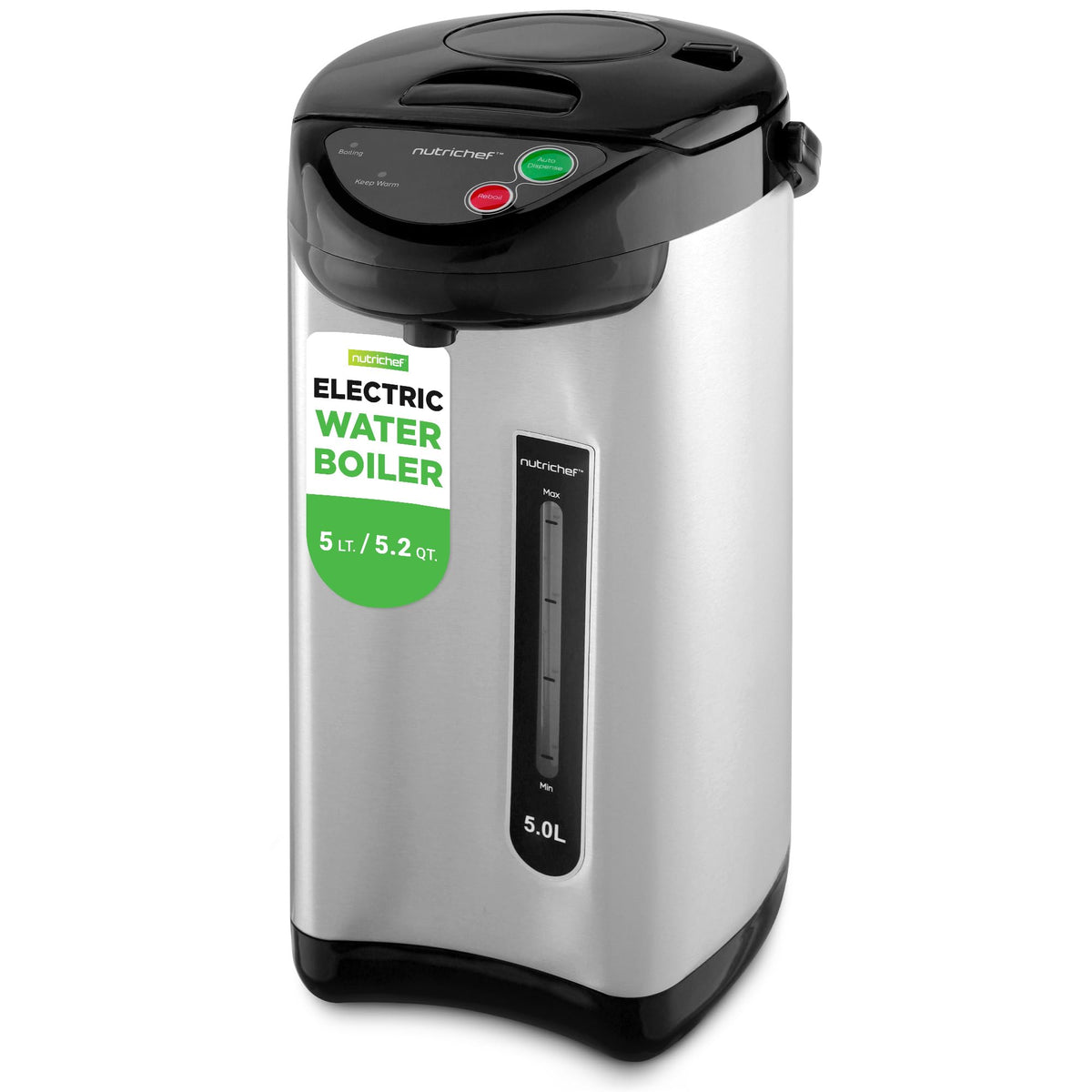NutriChef 5-quart electric kettle on countertop for quick hot water on demand.