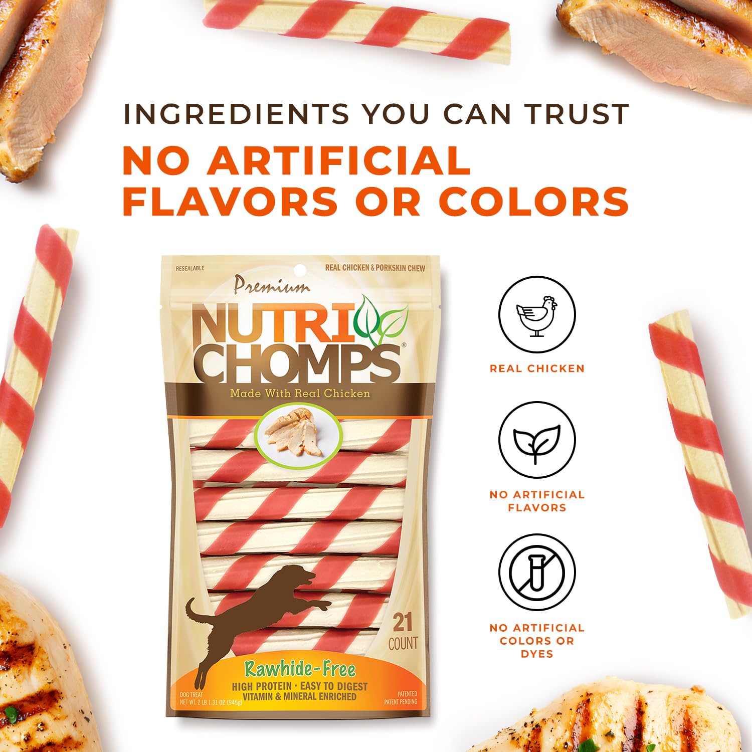 NutriChomps oven-roasted chicken aroma highlighting flavor appeal