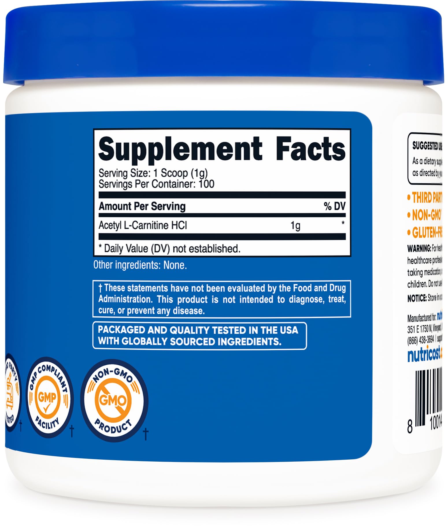 Nutricost Acetyl L-Carnitine HCI ingredient list with gluten-free and non-GMO notes.