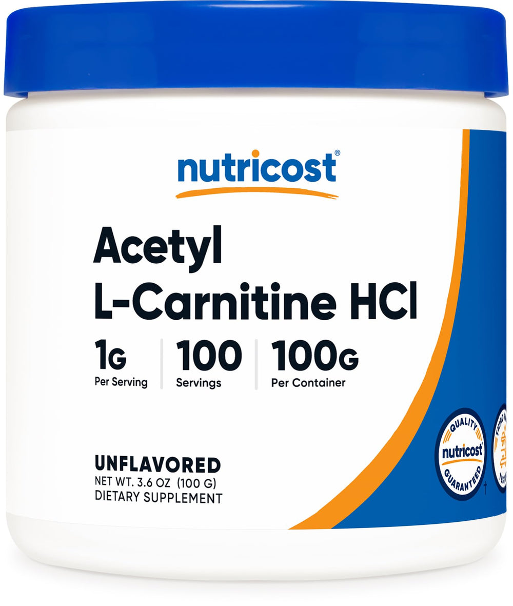 Nutricost Acetyl L-Carnitine HCI powder scoop showing 1 g serving.