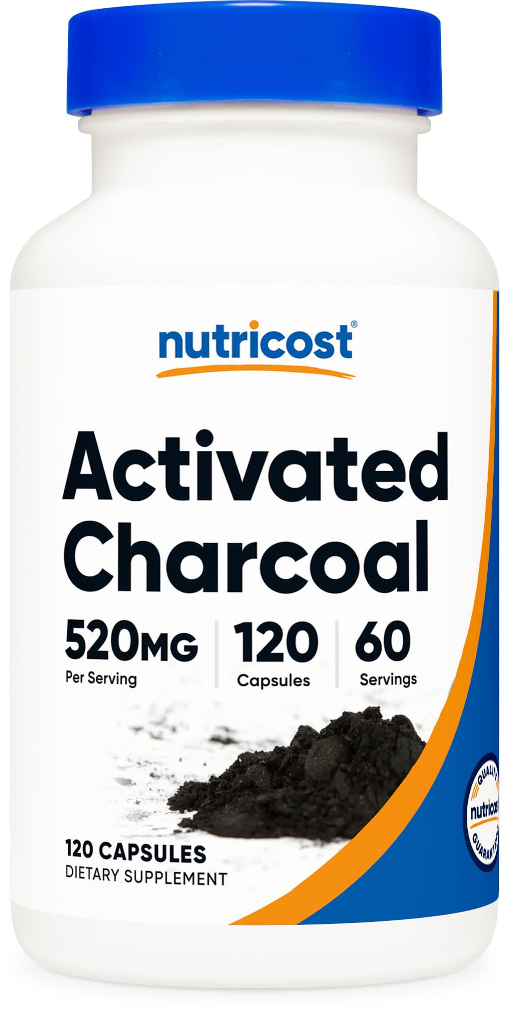 Nutricost Activated Charcoal bottle front view with 120 capsules, ideal for daily use.