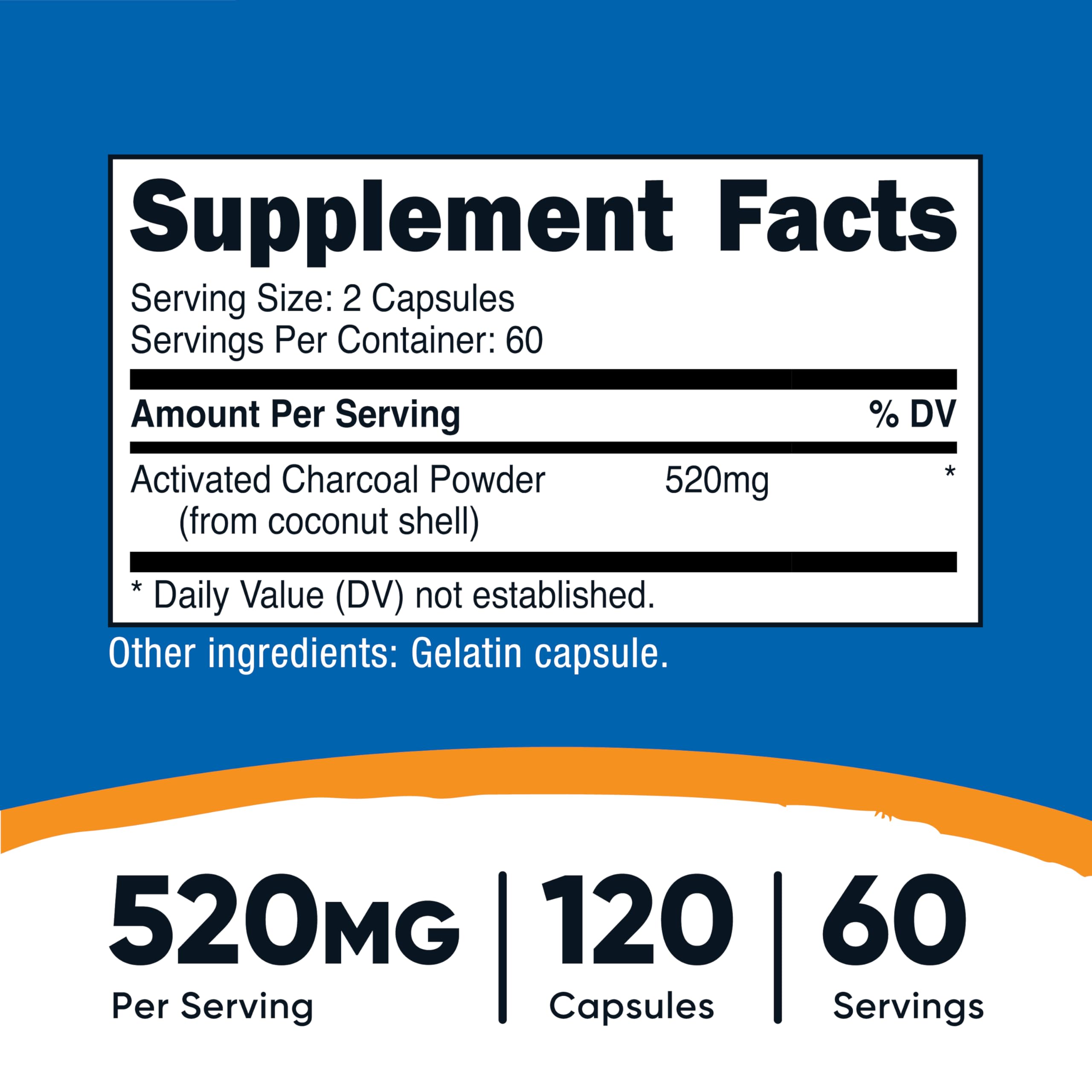 Nutricost Activated Charcoal capsules close-up, showing 520 mg per serving for easy dosing.