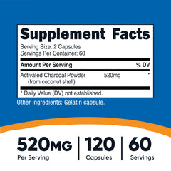 Nutricost Activated Charcoal capsules close-up, showing 520 mg per serving for easy dosing.