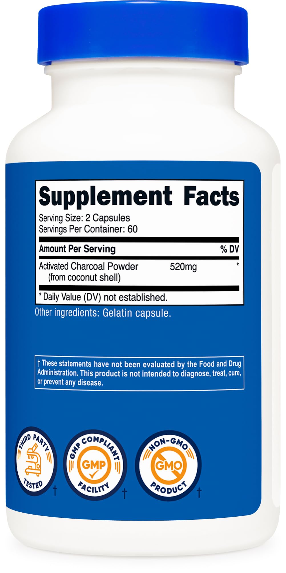 Nutricost Activated Charcoal, coconut-shell crafted, produced in a USA facility.