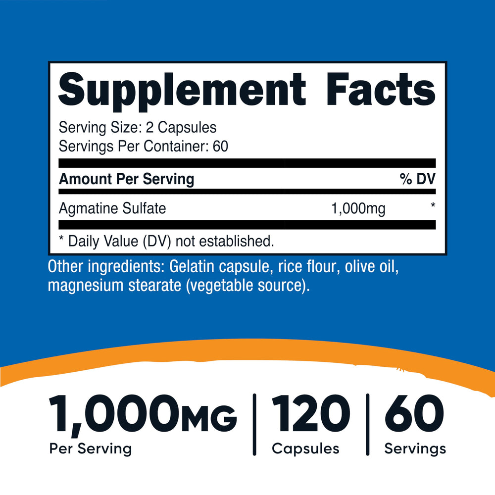 Nutricost Agmatine Sulfate capsules close-up highlighting 60 servings per bottle.