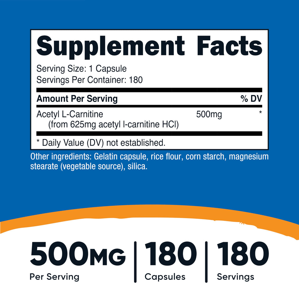 Nutricost ALCAR bottle displaying 180 servings for consistent use