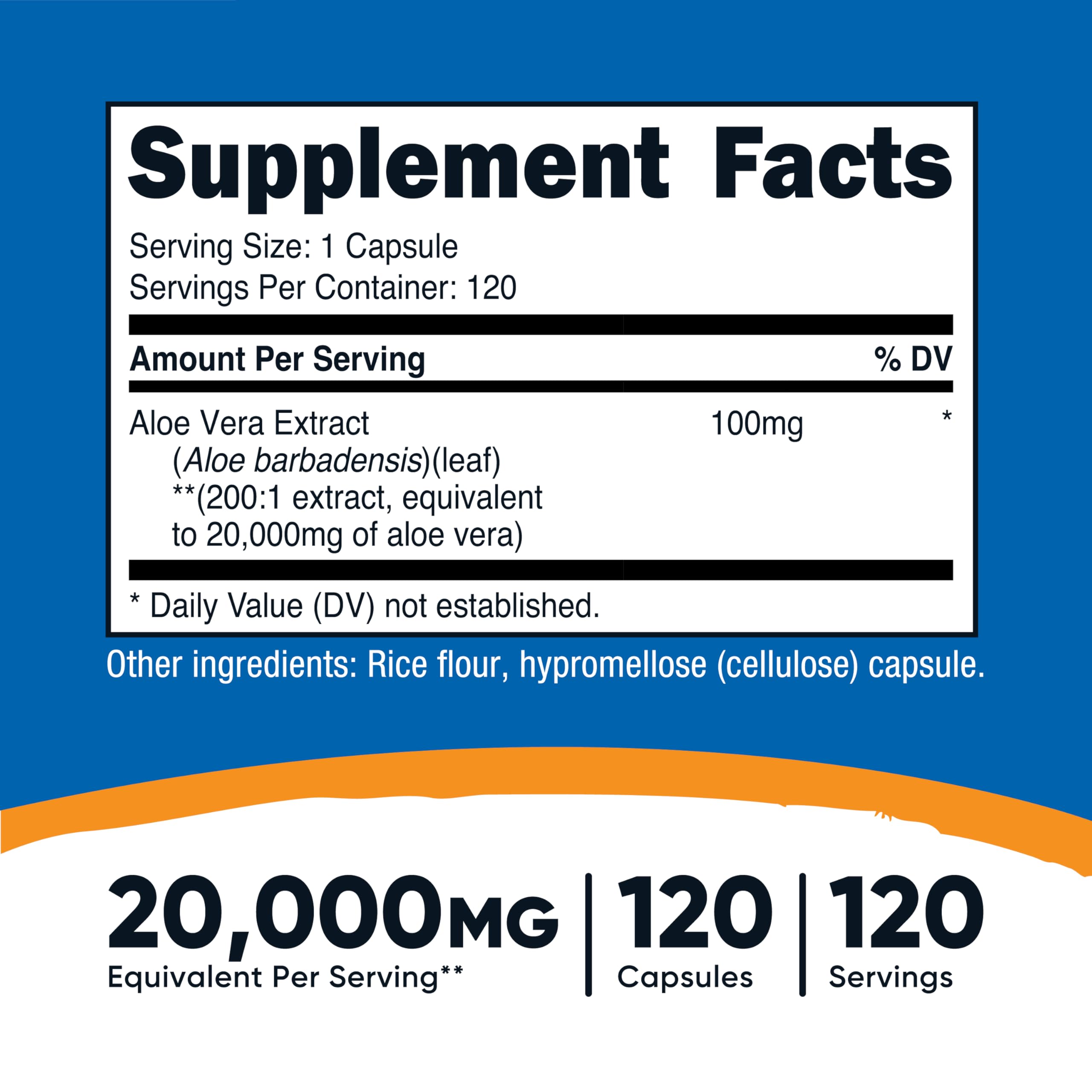 Nutricost Aloe Vera Extract bottle label close-up highlights high-concentration 200:1 extract.