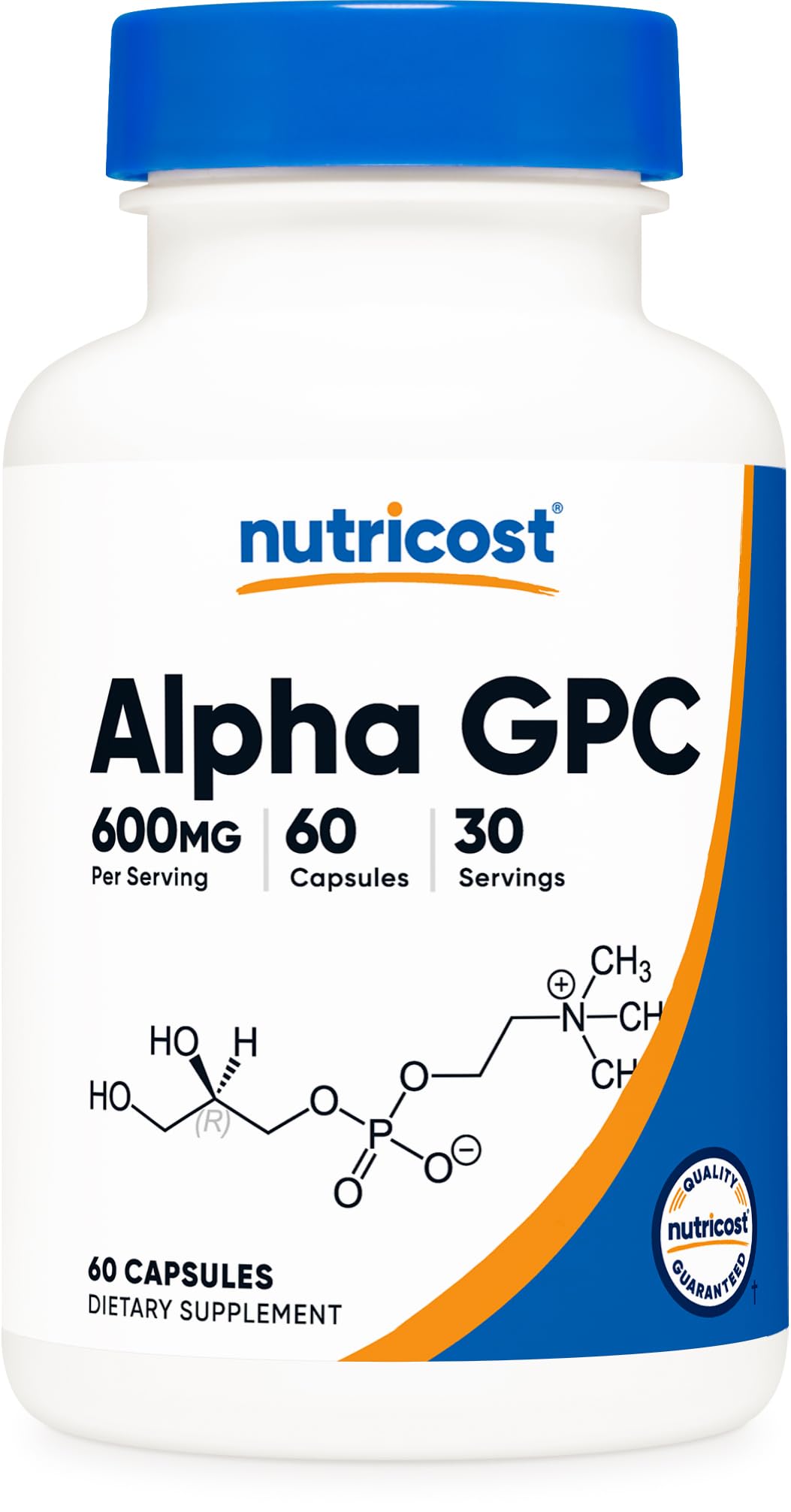 Nutricost Alpha GPC 600mg bottle supports daily cognitive wellness with convenient capsules.