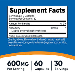 Nutricost Alpha GPC 600mg capsules pour from bottle for easy daily use.
