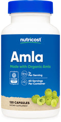 Nutricost Amla 1000mg bottle with capsules highlighting organic, non-GMO quality for daily wellness