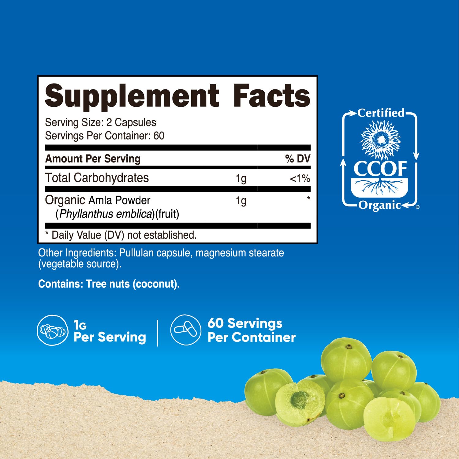 Nutricost Amla capsules close-up shows 2-capsule serving and label details