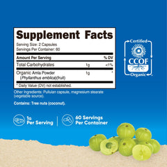 Nutricost Amla capsules close-up shows 2-capsule serving and label details