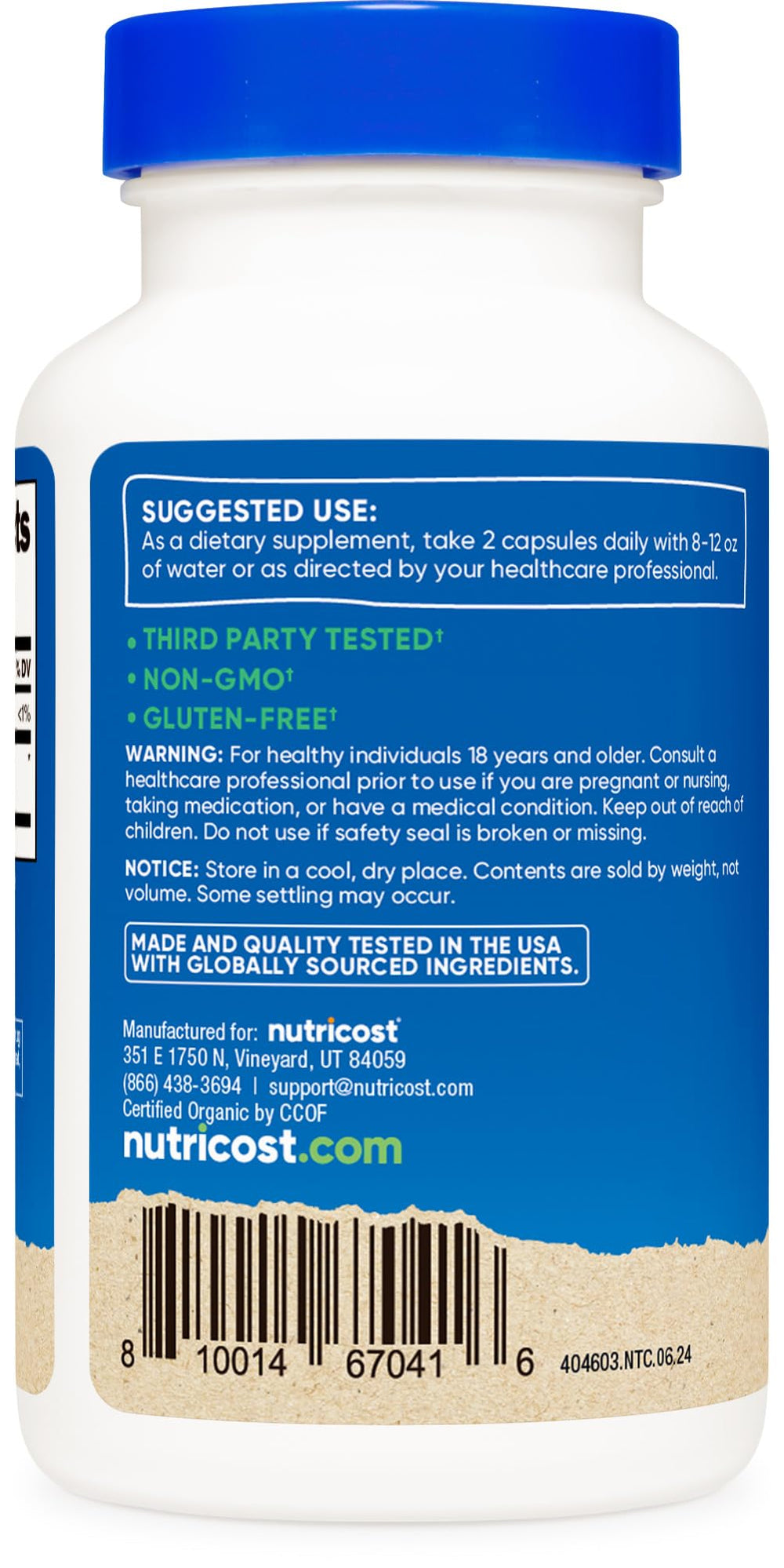 Nutricost amla packaging highlights gluten-free and soy-free features for sensitive diets