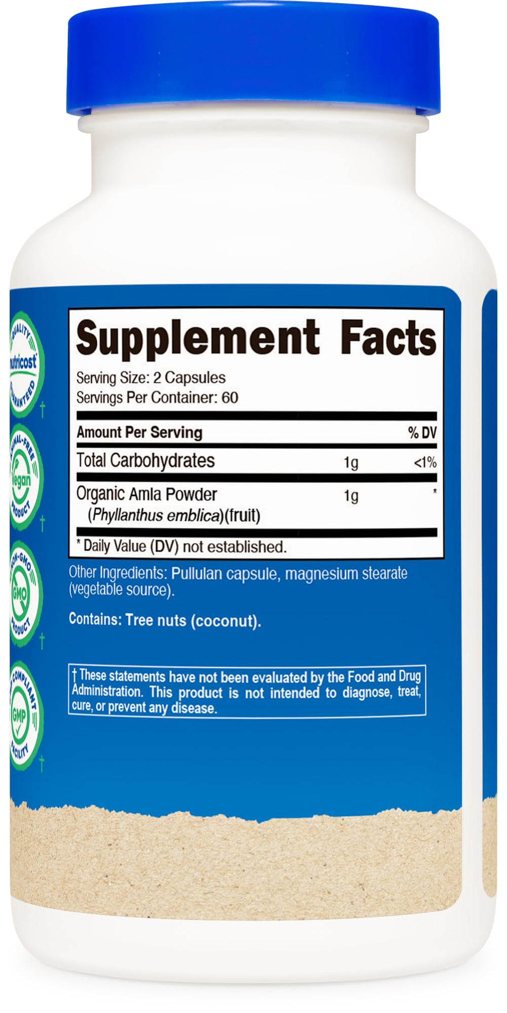 Nutricost amla bottle with serving size 60 servings printed for easy planning
