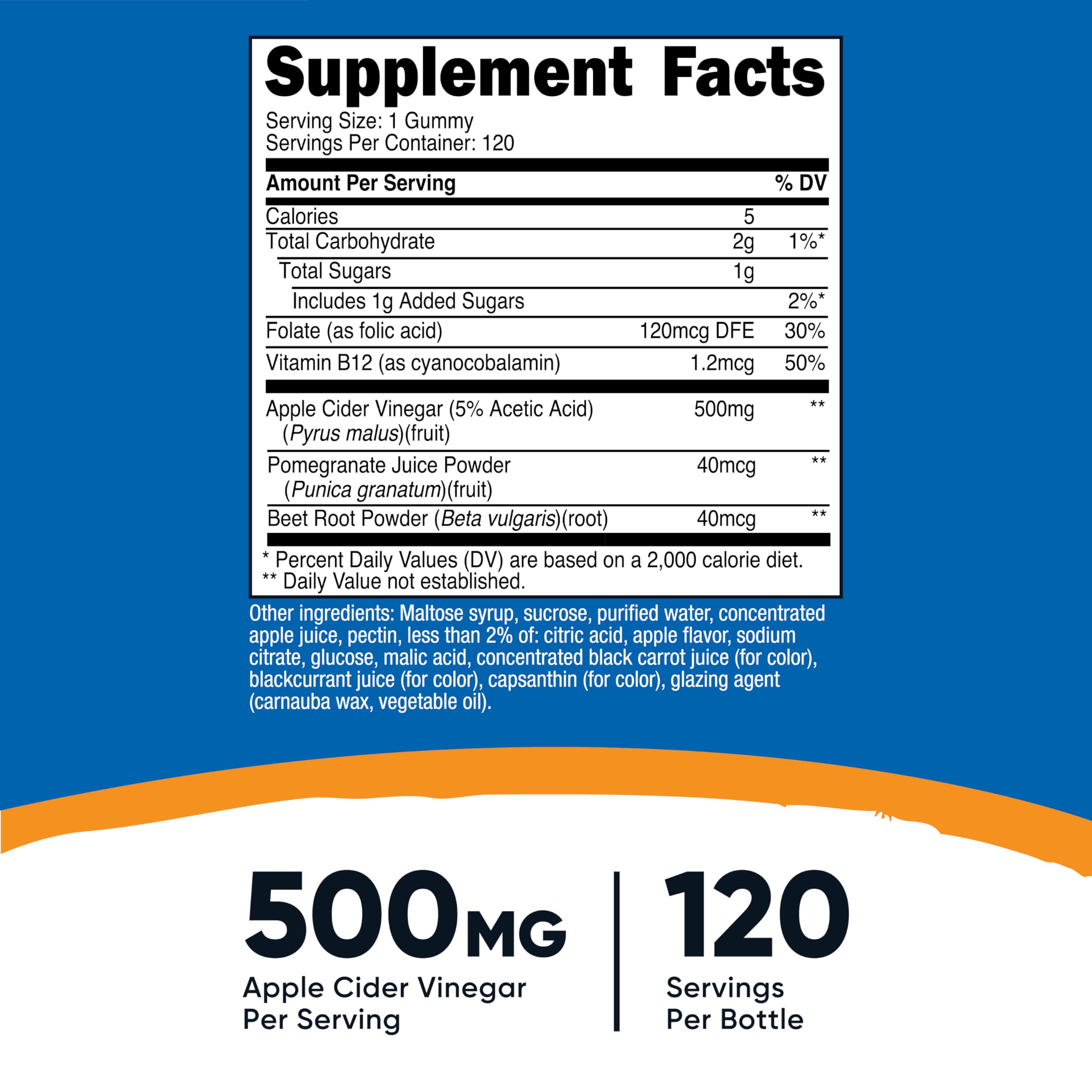 Nutricost Apple Cider Vinegar Gummies label close-up showing 120 servings for daily routine.