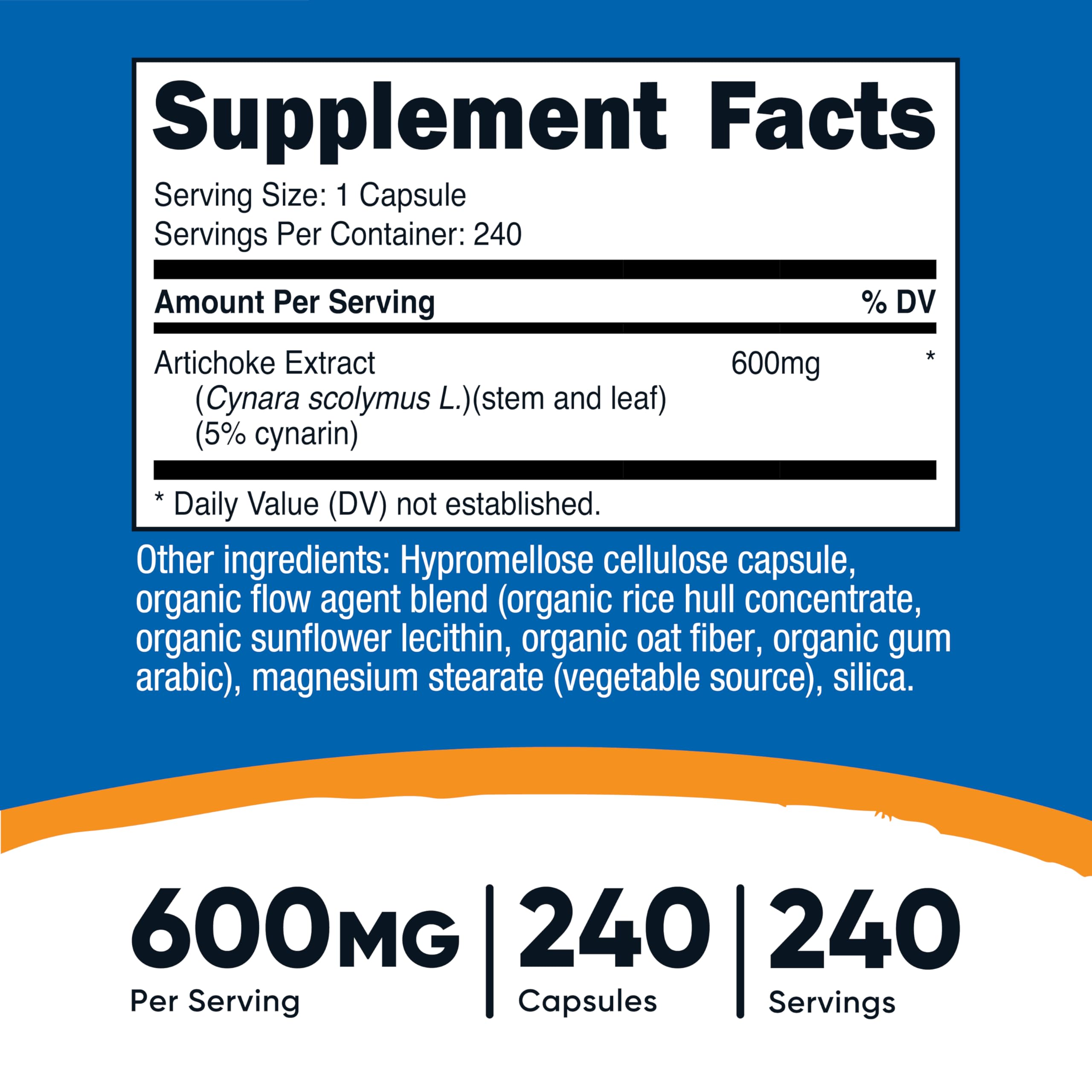 Artichoke Extract capsules showing 5% Cynarin standardization for potency