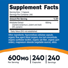 Artichoke Extract capsules showing 5% Cynarin standardization for potency