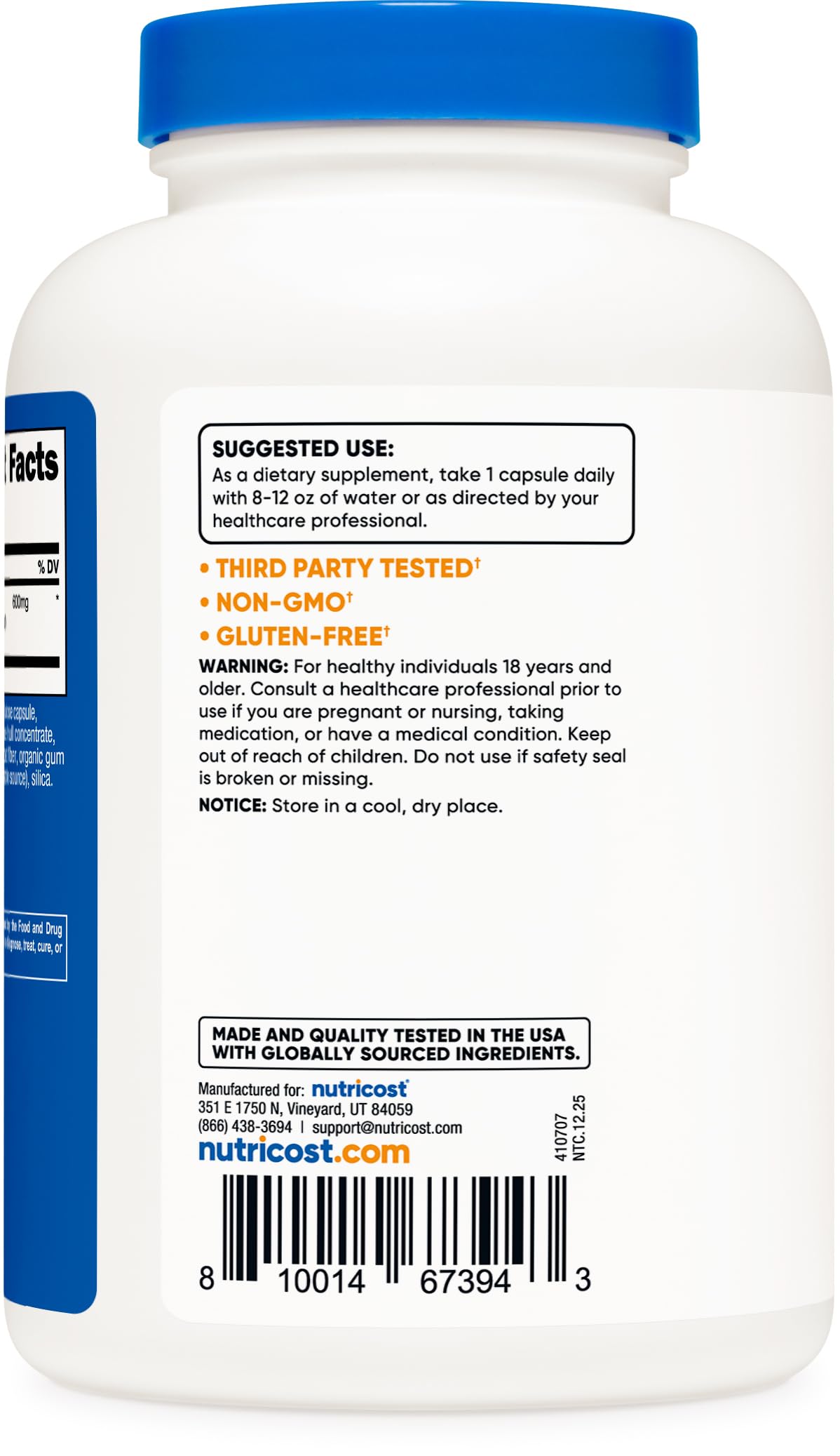 Dietary safety icons on Nutricost packaging indicate vegetarian friendly credentials