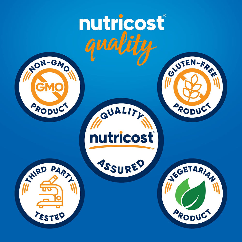 Close-up of Nutricost label highlighting gluten free and non-GMO status