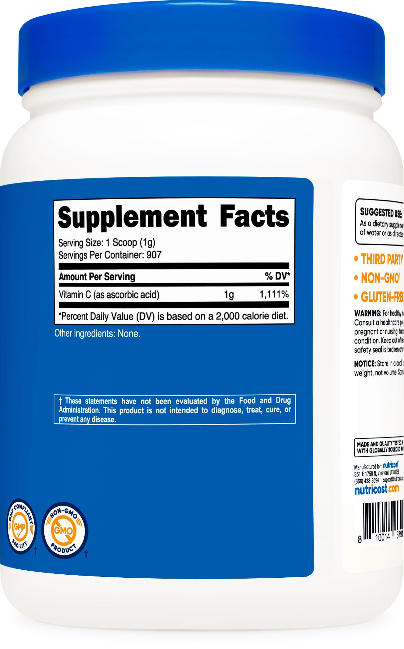 Nutricost ascorbic acid powder texture close-up highlighting fine, clean powder.