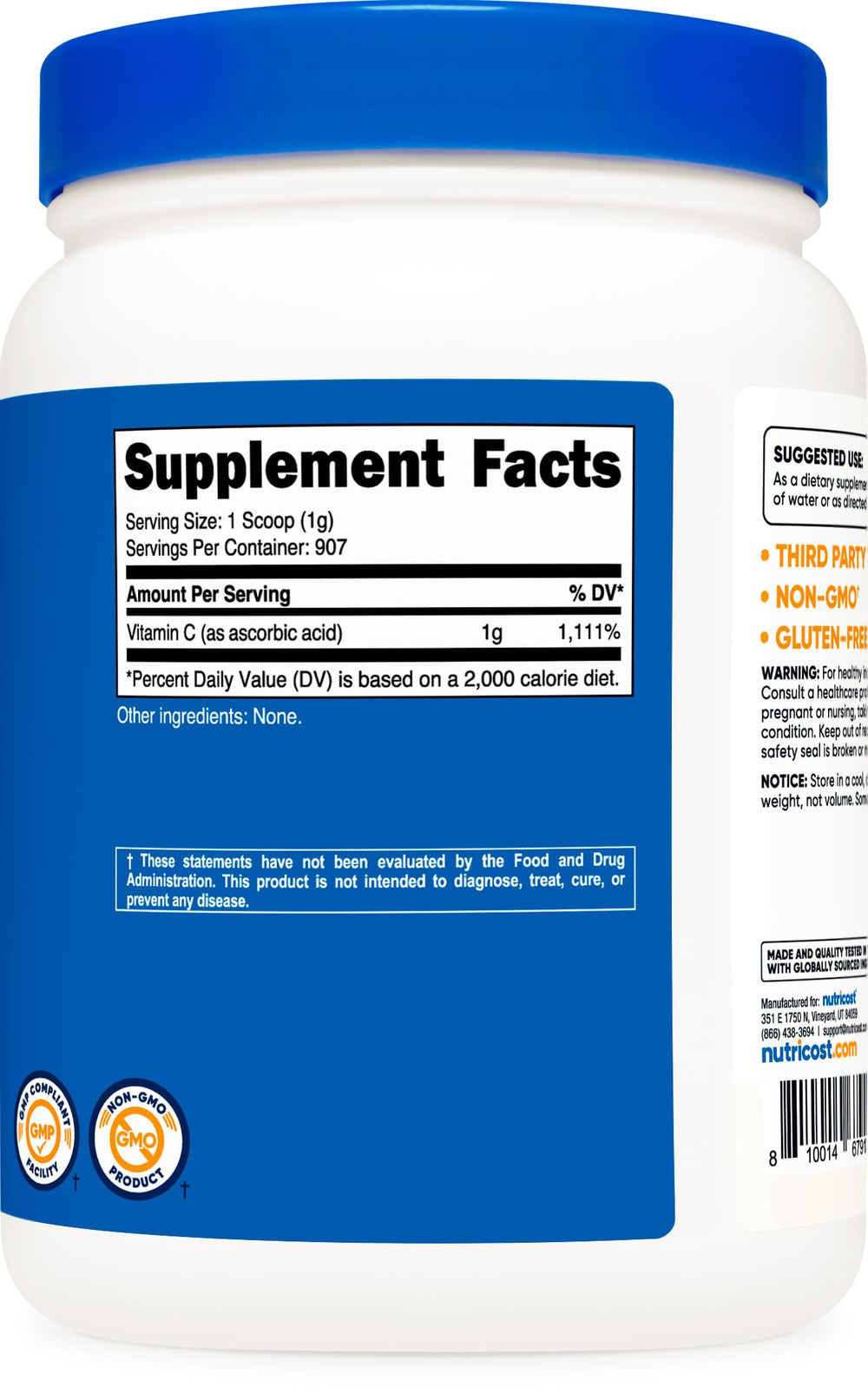 Nutricost ascorbic acid powder texture close-up highlighting fine, clean powder.