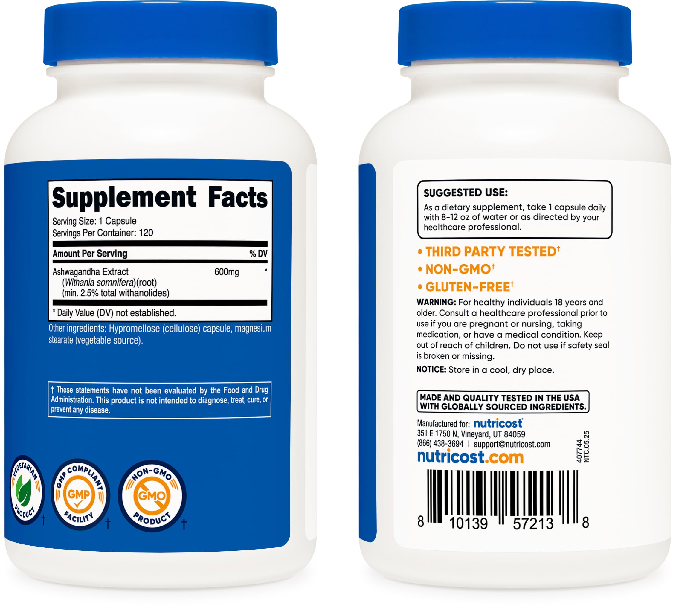 Serving size visual showing 120 capsules per bottle.