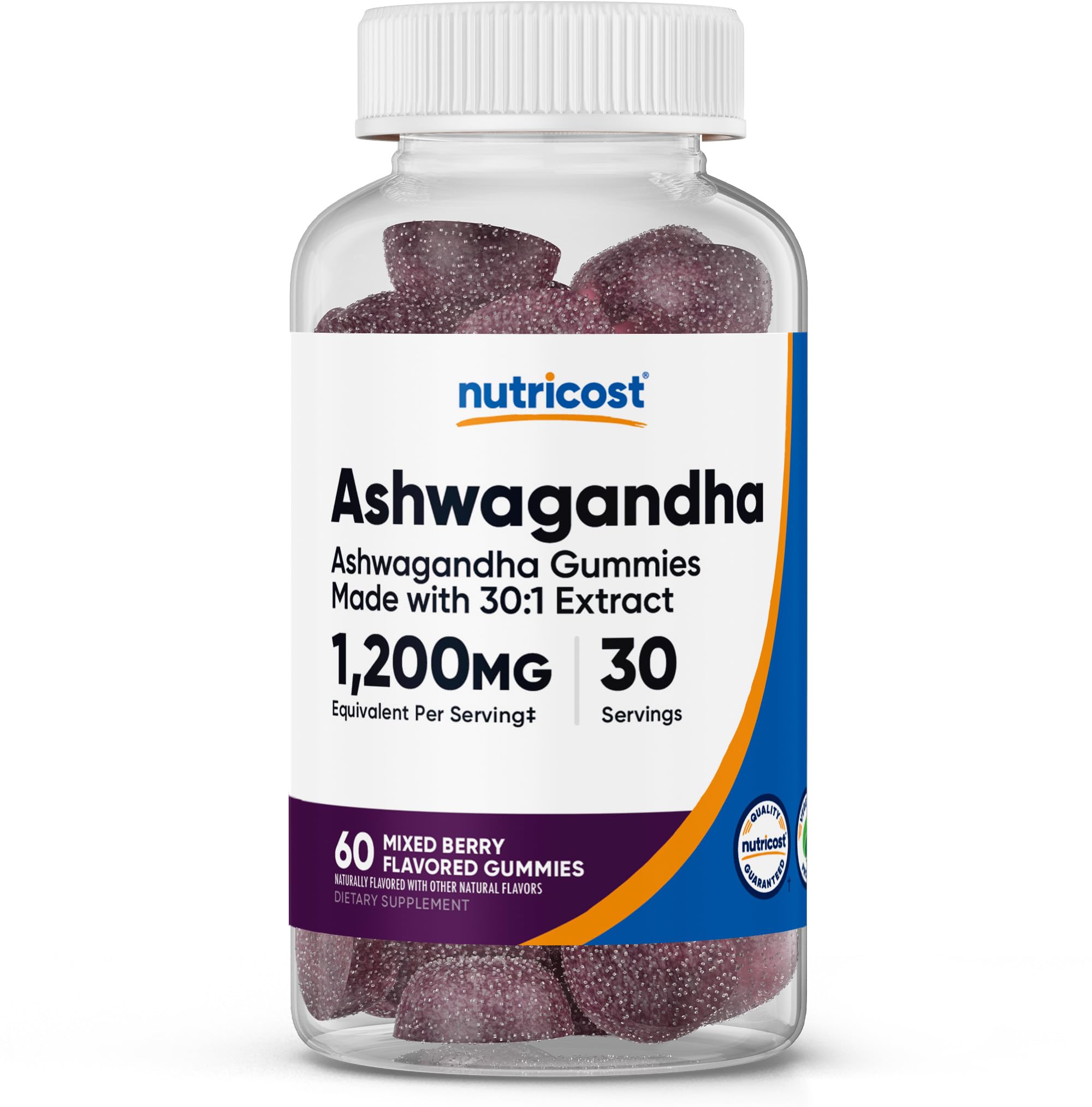 Nutricost Ashwagandha extract gummies mixed berry bottle for convenient daily use.