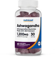 Nutricost Ashwagandha extract gummies mixed berry bottle for convenient daily use.