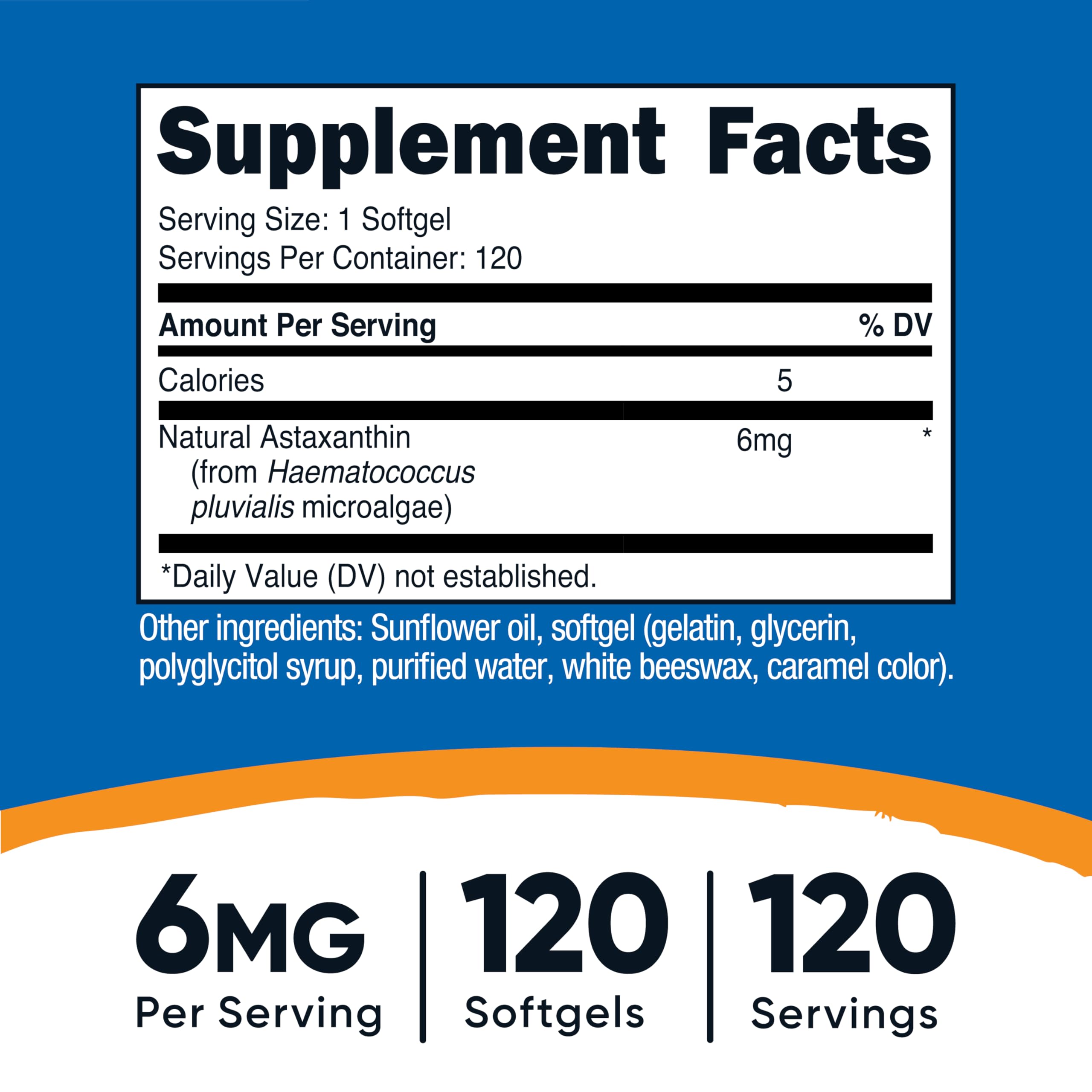 Nutricost Astaxanthin 6mg softgels close-up, natural Haematococcus pluvialis source for daily use.