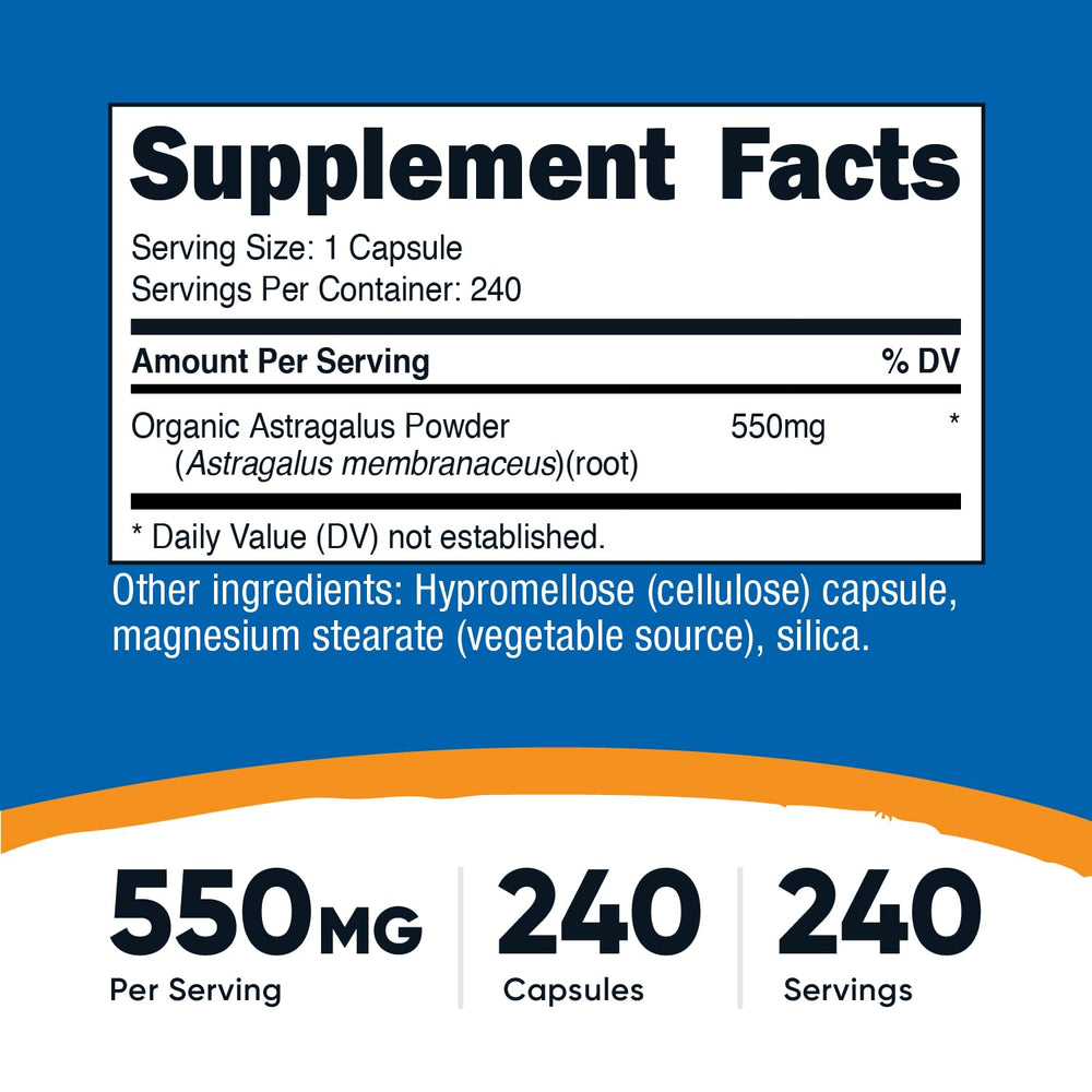 Nutricost Astragalus capsules close-up highlighting easy one-capsule serving.