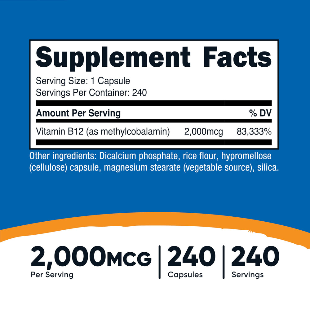 Nutricost B12 2000mcg label closeup detailing methylcobalamin
