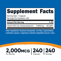Nutricost B12 2000mcg label closeup detailing methylcobalamin