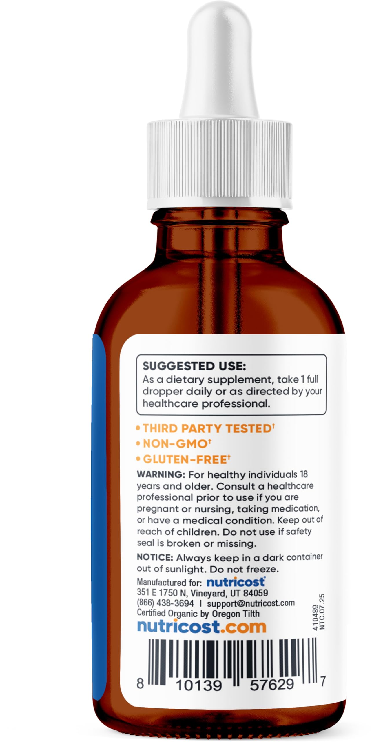 Nutricost Organic B12 methylcobalamin label highlights organic, non-GMO status.