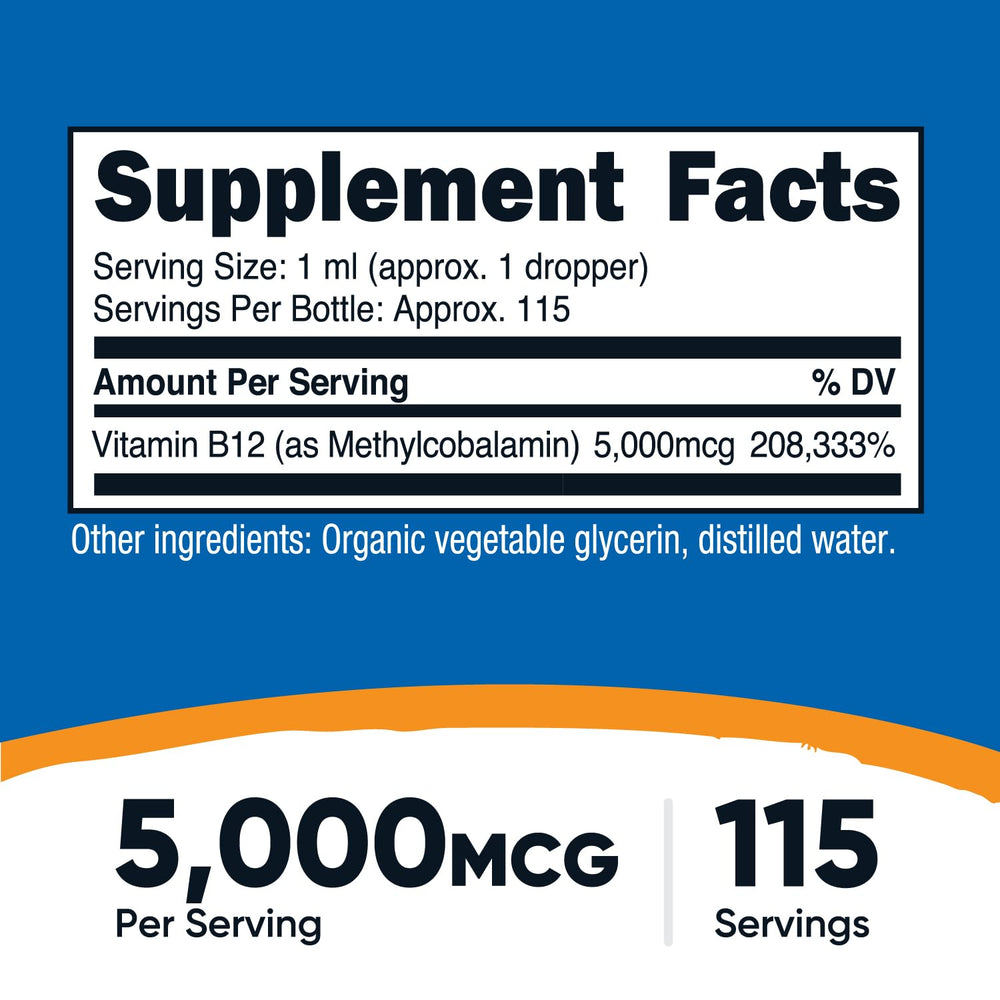 Nutricost B12 liquid drops pour shows precise 5,000 mcg servings.