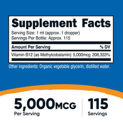 Nutricost B12 liquid drops pour shows precise 5,000 mcg servings.