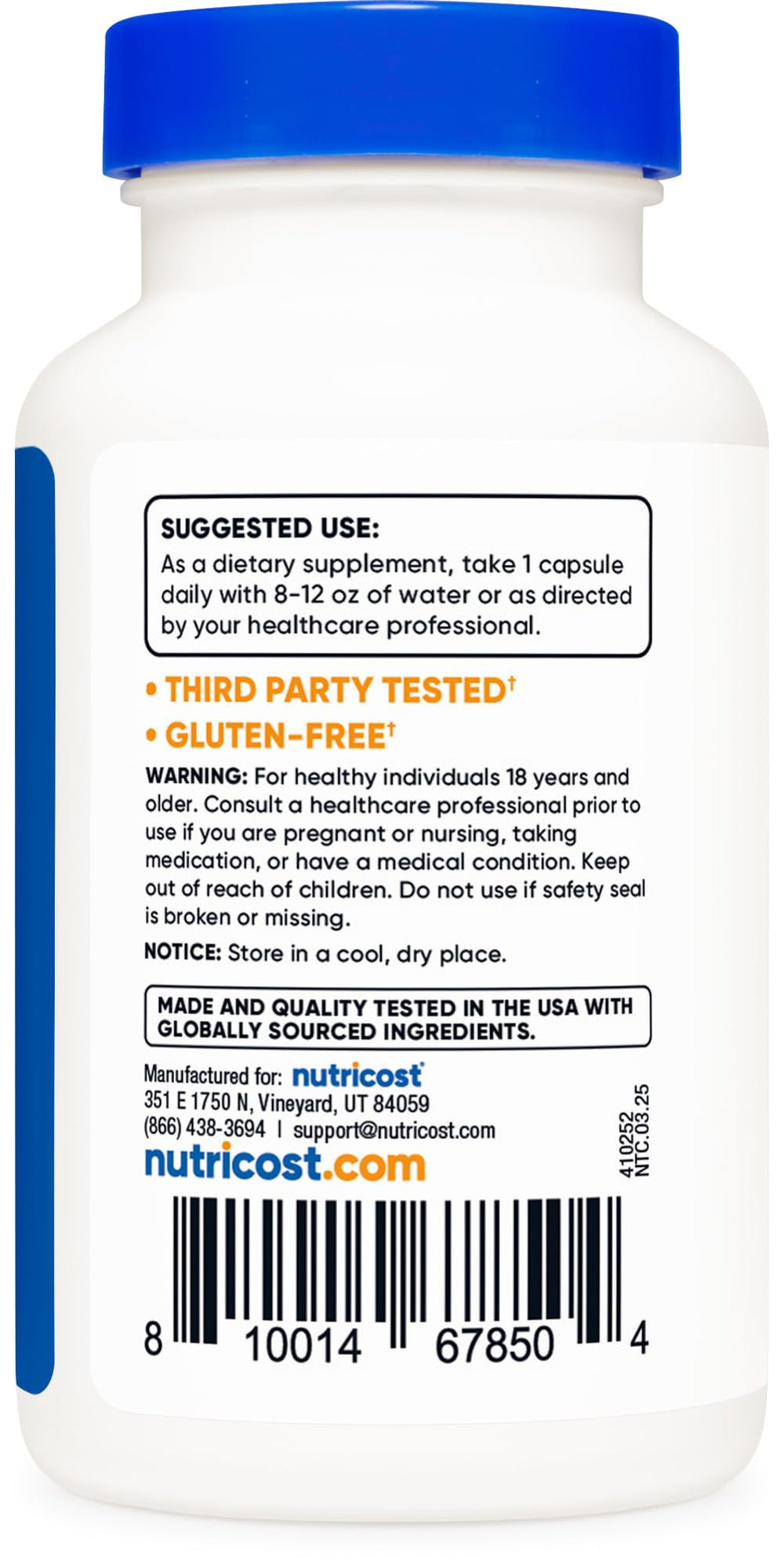Nutricost B12 packaging highlighting non-GMO and gluten-free certification.