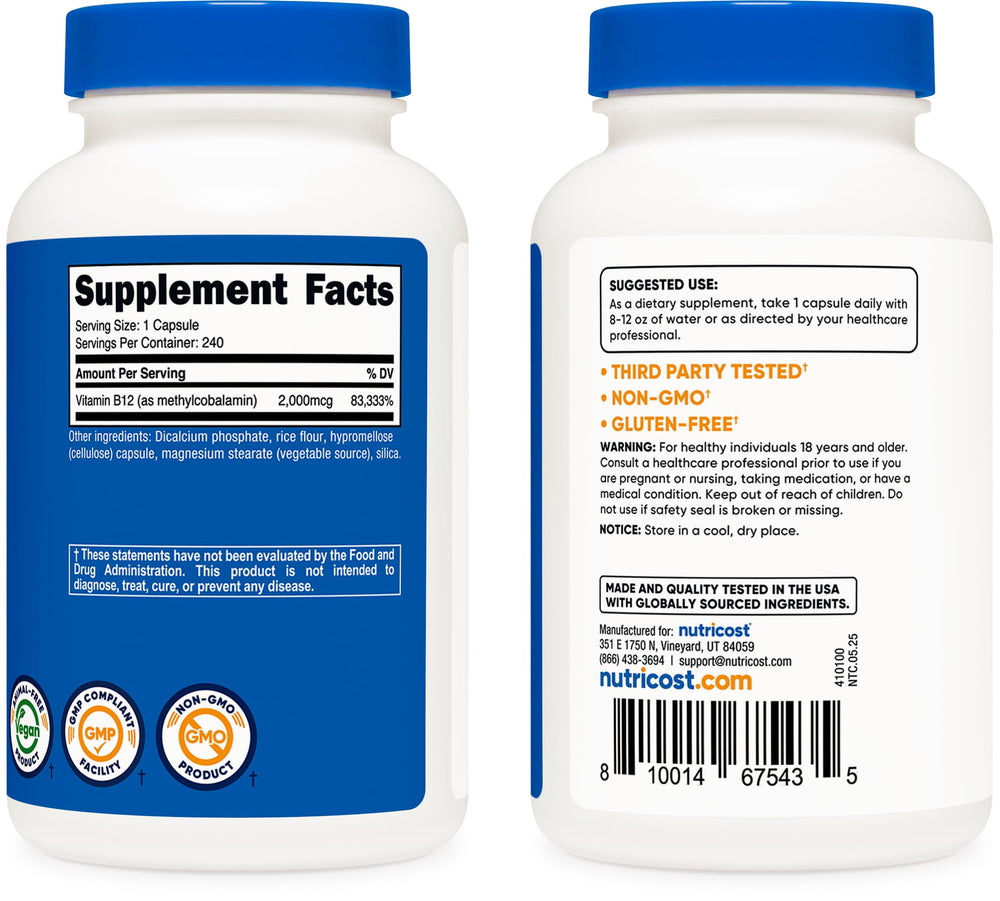 Nutricost B12 vegetarian capsules emphasize plant-based formula