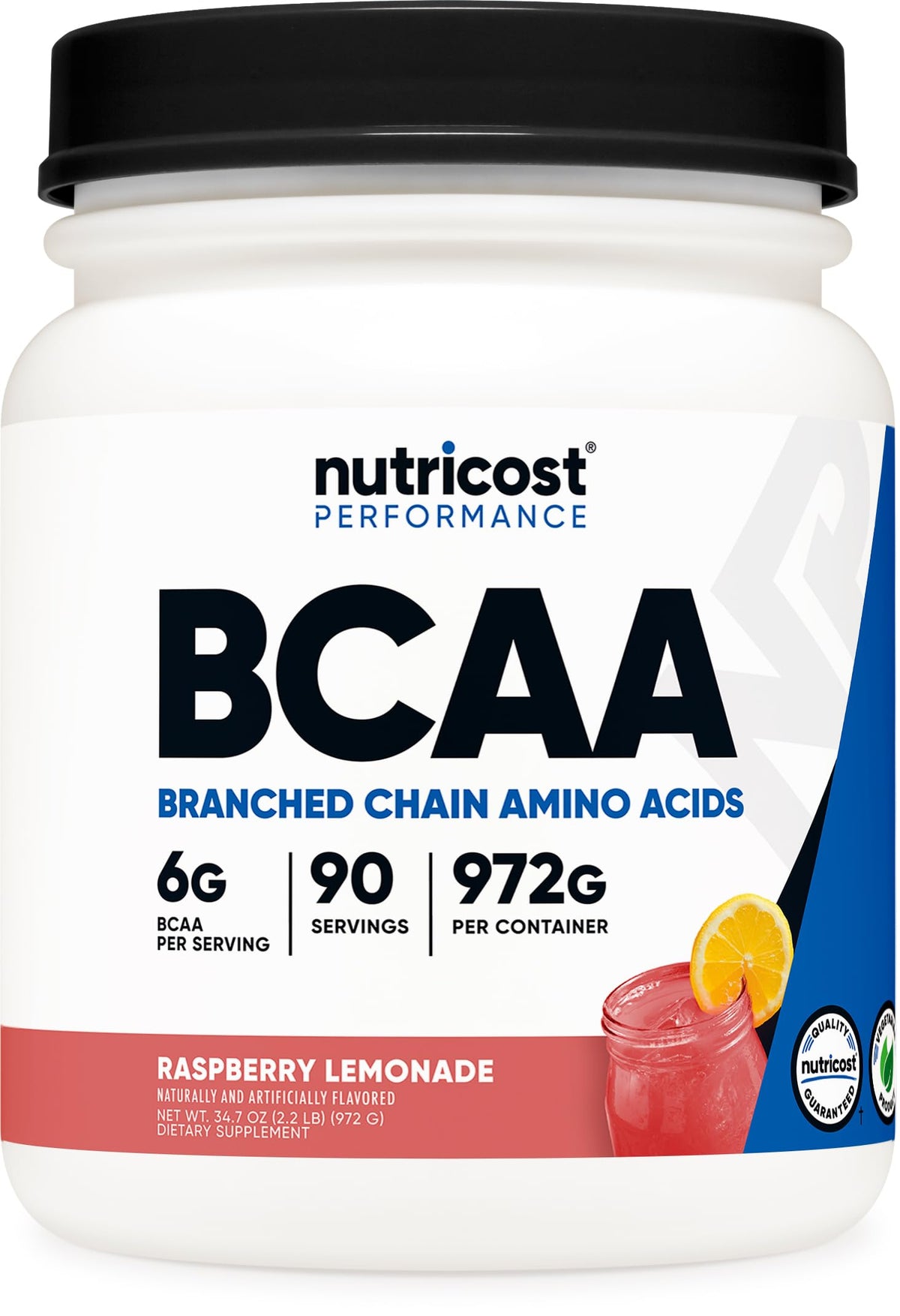 Nutricost BCAA Powder Raspberry Lemonade bottle displaying the flavorful option and serving size