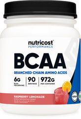 Nutricost BCAA Powder Raspberry Lemonade bottle displaying the flavorful option and serving size