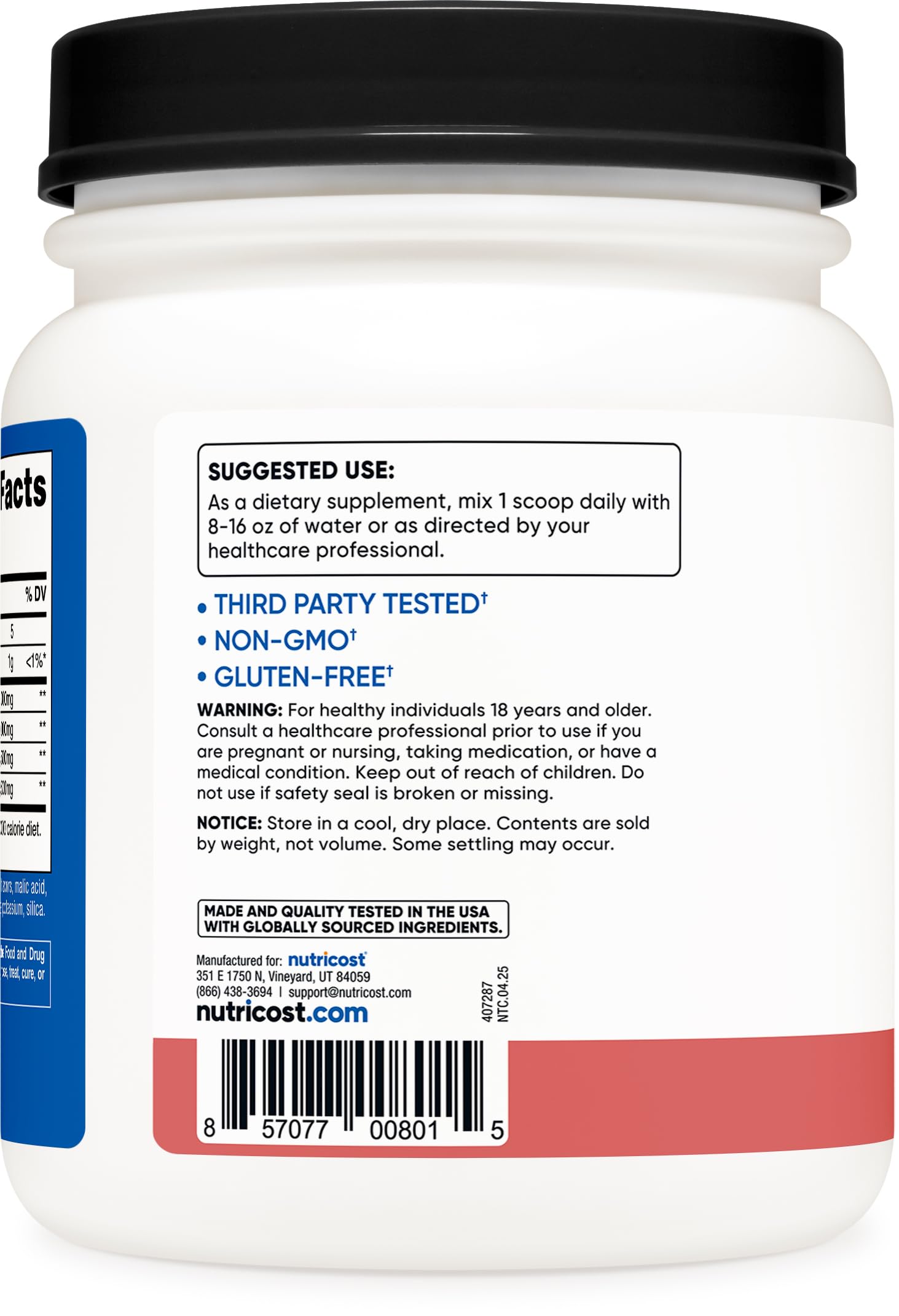 Close-up of Nutricost BCAA Raspberry Lemonade label highlighting non-GMO and gluten-free claim