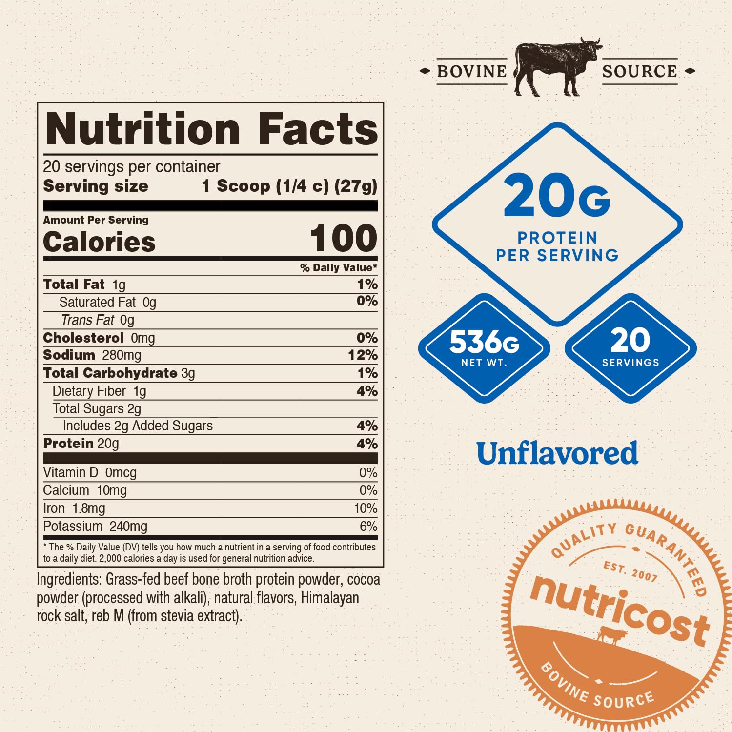 Nutricost Beef Bone Broth Protein container with chocolate flavor for daily nutrition